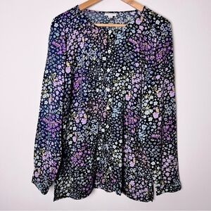 J. Jill Navy Spring Floral Print Button Down Rayon Long Sleeve Tunic Blouse